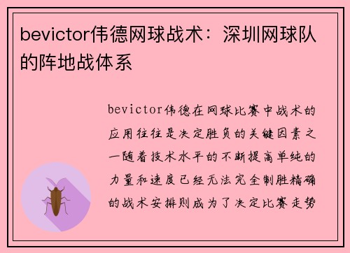 bevictor伟德网球战术：深圳网球队的阵地战体系